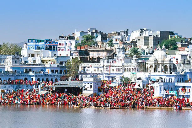 Scene of Pushkar lake during Pushkar Camel fair. Pilgrims from all over the India come to take holy bath at this religious Pushkar lake.
